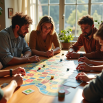 Groupe d'amis jouant à un jeu de société en intérieur