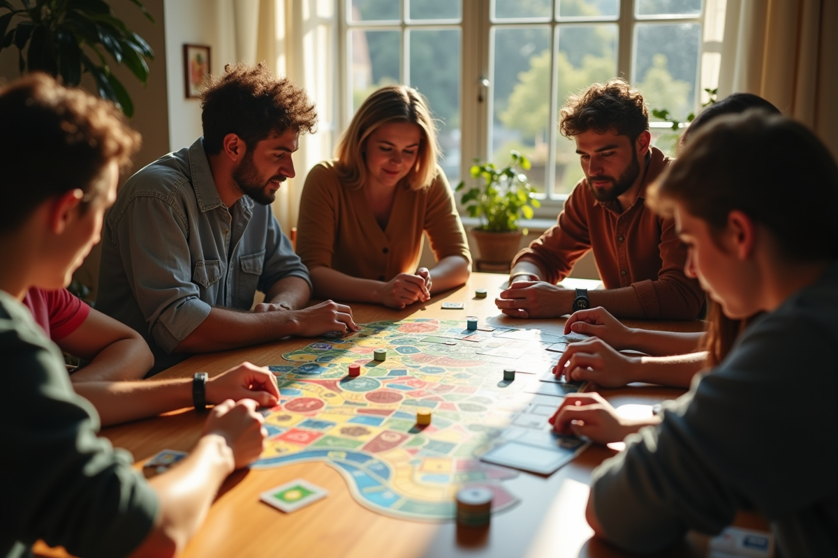 Groupe d'amis jouant à un jeu de société en intérieur