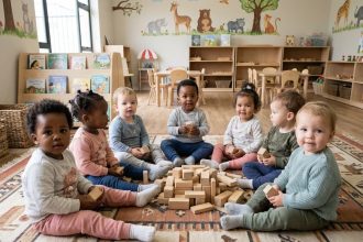 Groupe de bébés jouant avec blocs en crèche chaleureuse