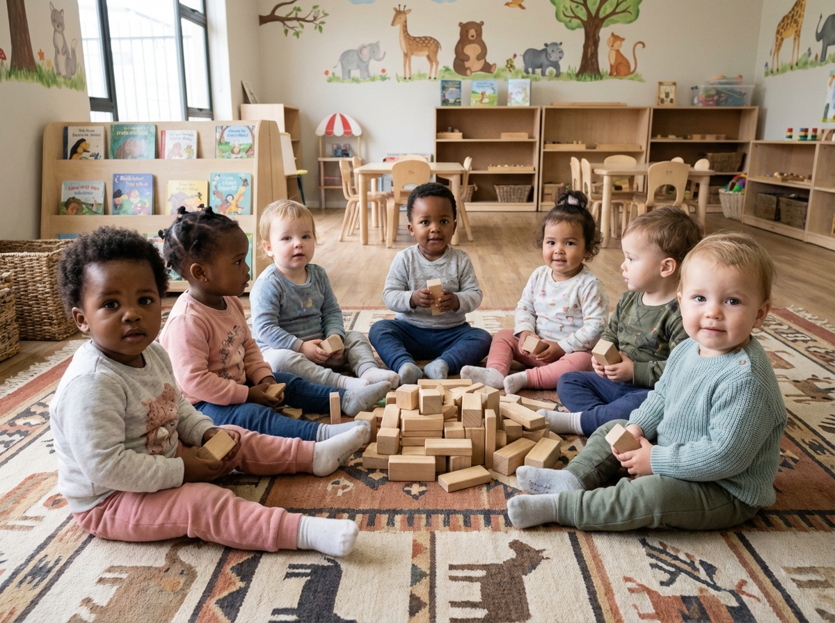 Groupe de bébés jouant avec blocs en crèche chaleureuse
