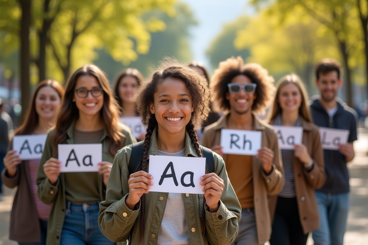 Groupe divers d'adultes souriants avec cartes de prénoms A