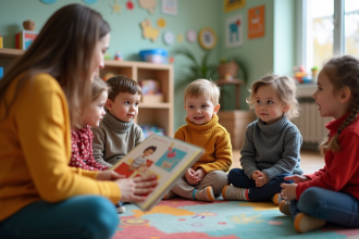 Enfants en classe avec une enseignante lisant un livre