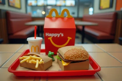 Happy Meal McDonald's posé sur un plateau dans un restaurant fast-food avec frites, burger et jouet