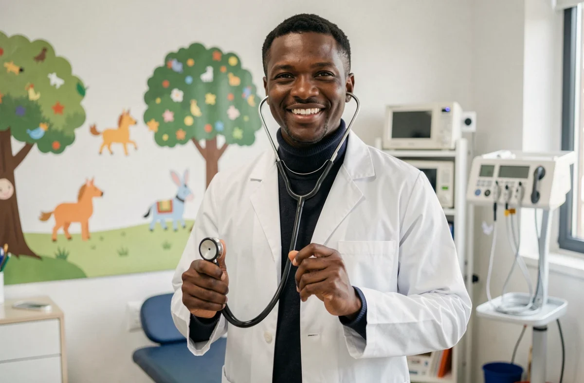 Pédiatre homme souriant en blouse blanche avec stéthoscope dans son cabinet à Montigny-lès-Cormeilles, ambiance accueillante