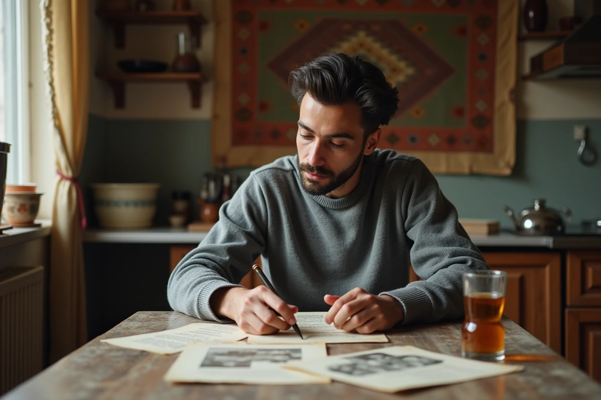 Jeune homme d'origine algérienne consultant des documents familiaux et des photographies anciennes dans une cuisine authentique