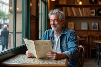 Homme d'âge moyen lisant un journal dans un café parisien