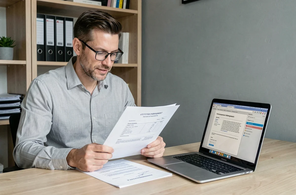 Homme consultant un modèle d'attestation d'hébergement en PDF sur un bureau à domicile avec ordinateur portable