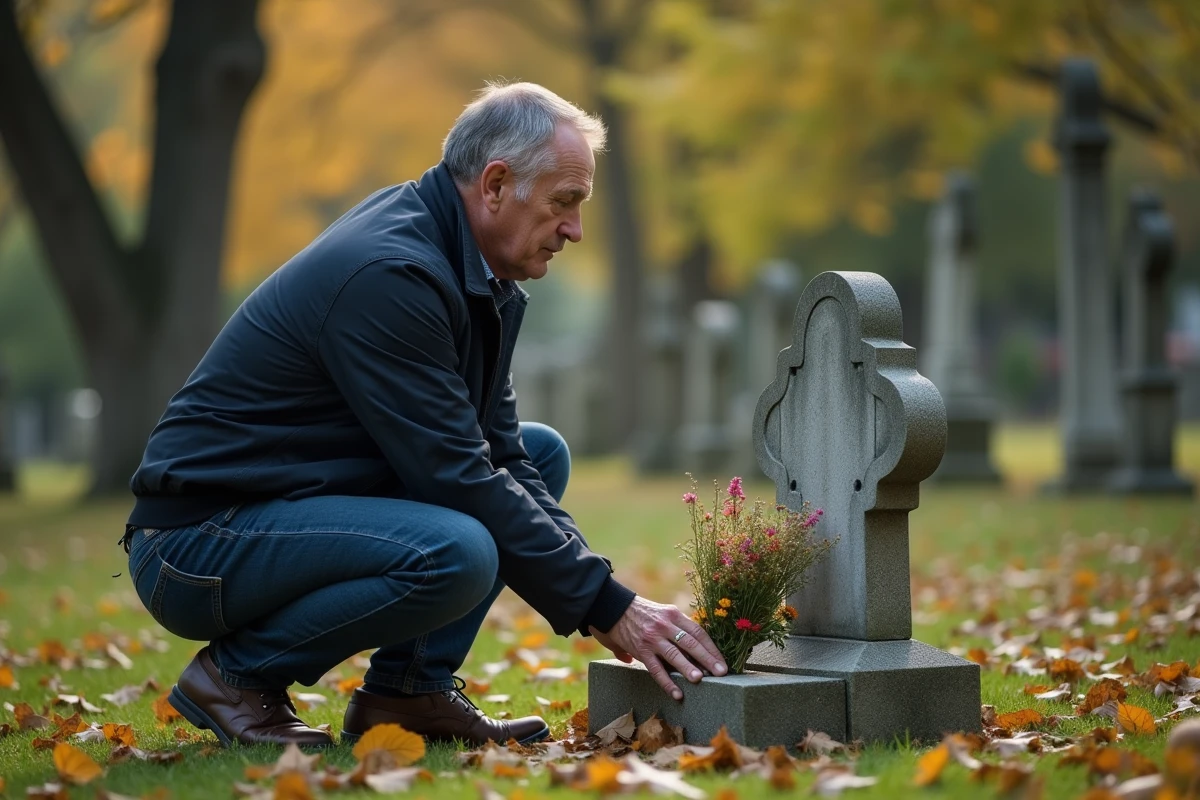 Homme déposant des fleurs sur la tombe de son père lors d'un anniversaire de naissance, cimetière en automne