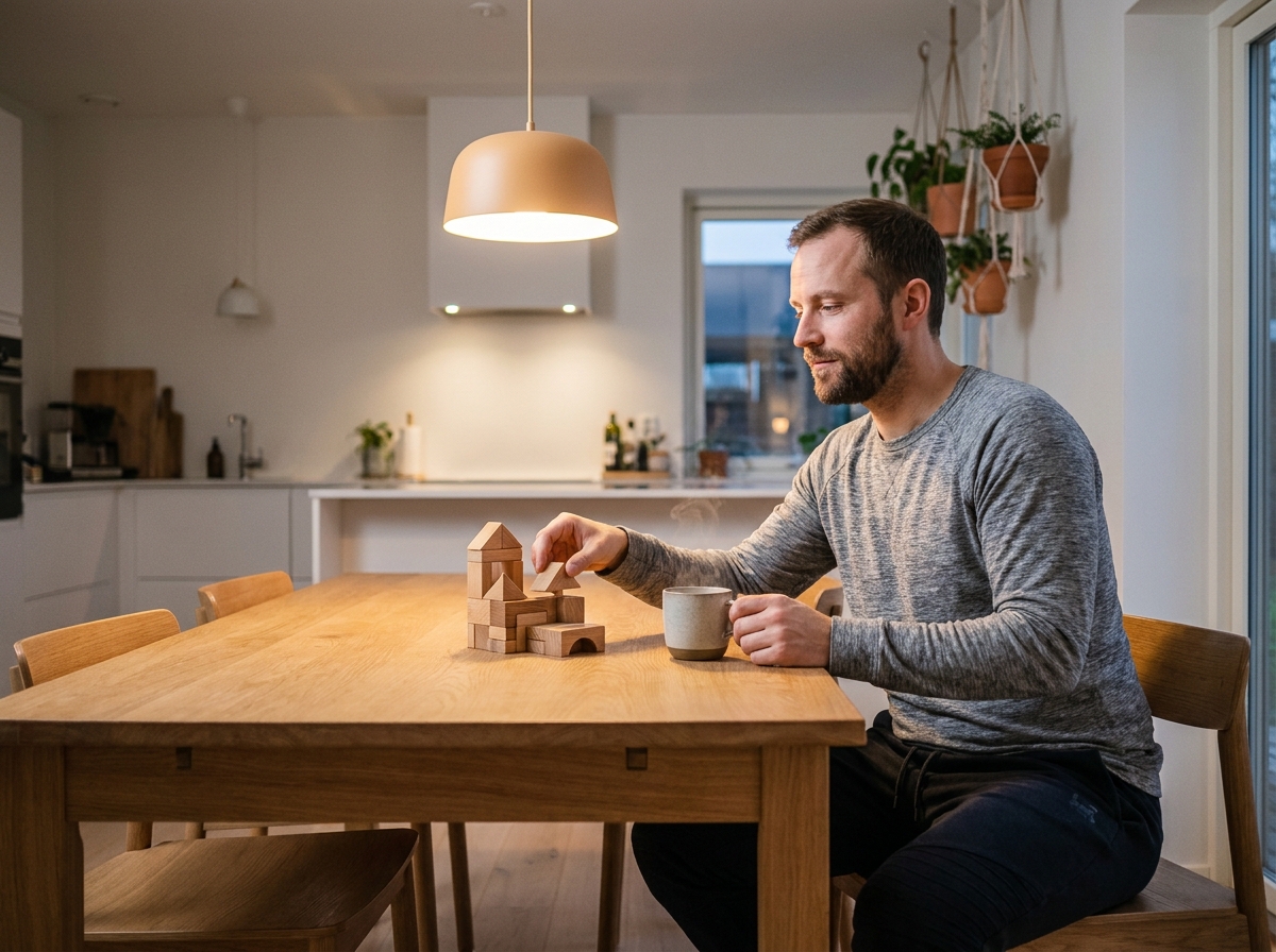 Homme adulte construisant une structure en bois lors d'un rituel du soir apaisant dans une salle à manger minimaliste