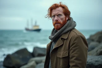 Homme roux en mer regardant l'horizon dramatique