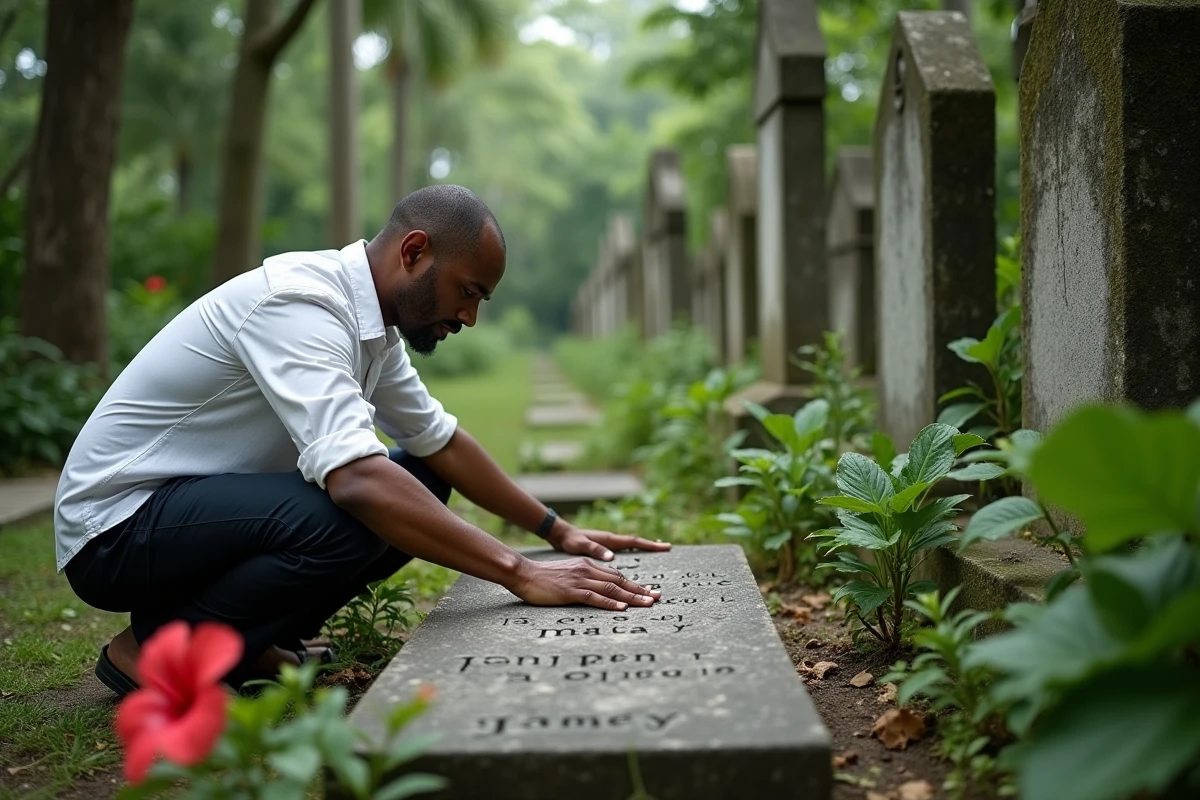 Homme martiniquais se recueillant devant une tombe familiale dans un cimetière tropical pour honorer ses ancêtres