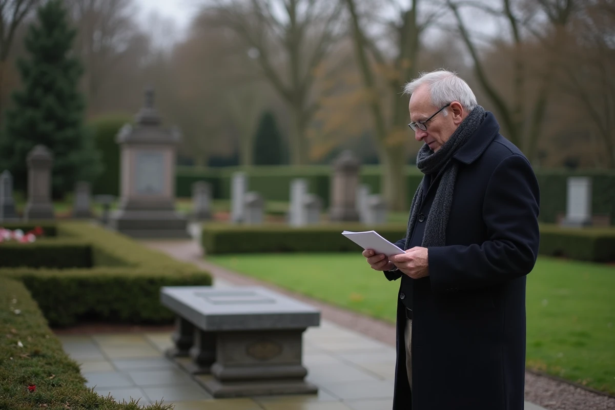 Homme tenant une carte de sympathie dans un jardin de mémoire