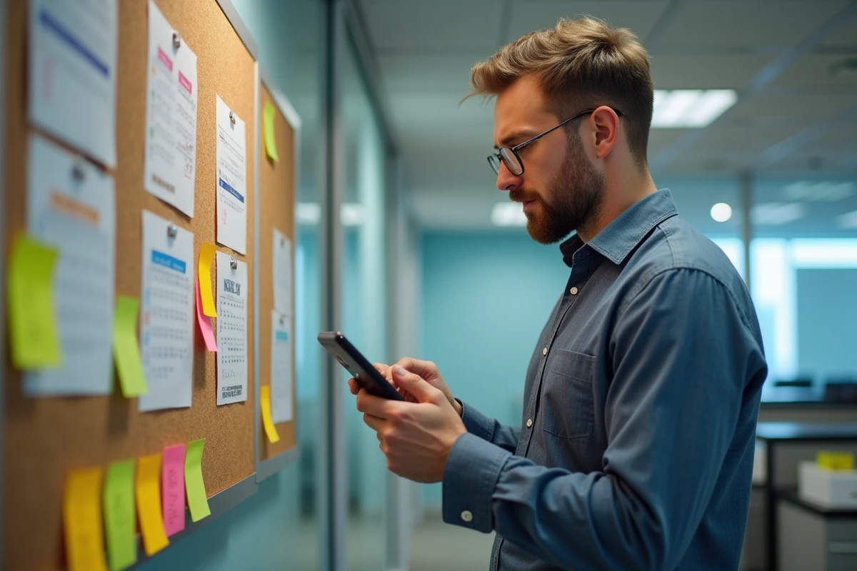 Homme d age moyen consulte son smartphone devant tableau d affichage