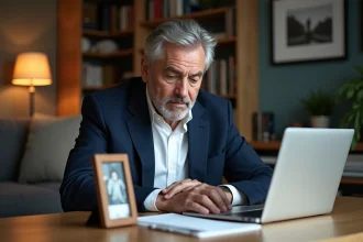 Homme d'âge moyen assis à son bureau à la maison
