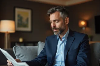 Homme en costume navy dans un salon moderne et élégant