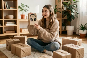 Jeune adolescente découvrant des cadeaux technologiques et pratiques pour sa future vie étudiante, entourée de paquets kraft dans un salon chaleureux