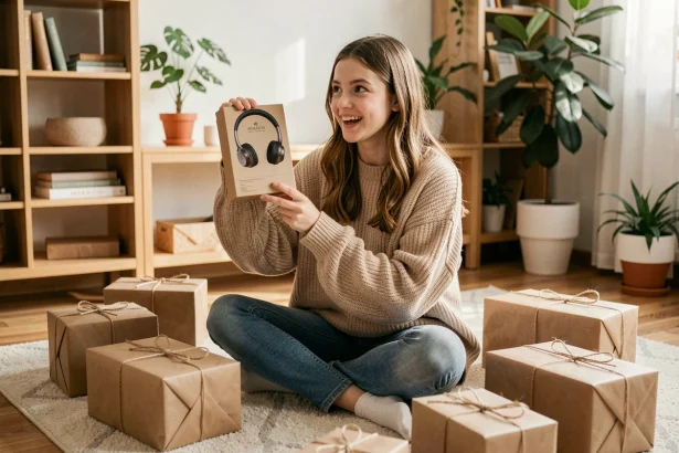 Jeune adolescente découvrant des cadeaux technologiques et pratiques pour sa future vie étudiante, entourée de paquets kraft dans un salon chaleureux