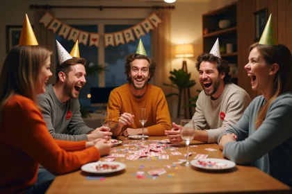 Groupe d'adultes hilares jouant à un jeu de cartes lors d'un anniversaire festif en appartement
