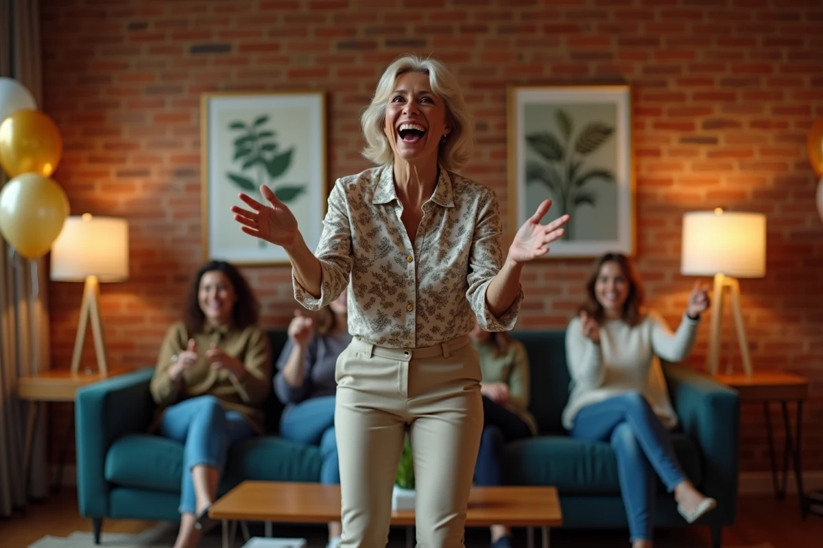 Femme adulte jouant aux charades devant ses amis lors d'une soirée anniversaire en intérieur