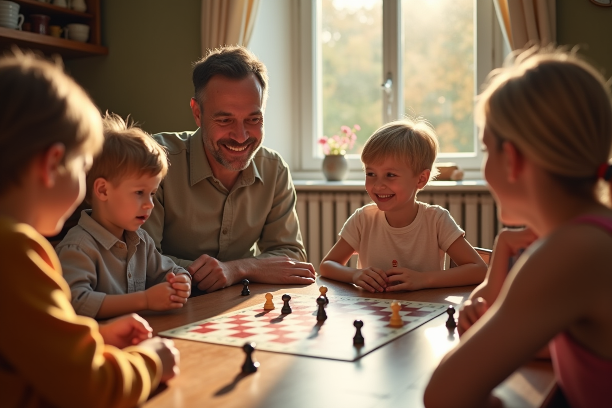 Partie de jeu de l'oie en famille autour d'une table ensoleillée