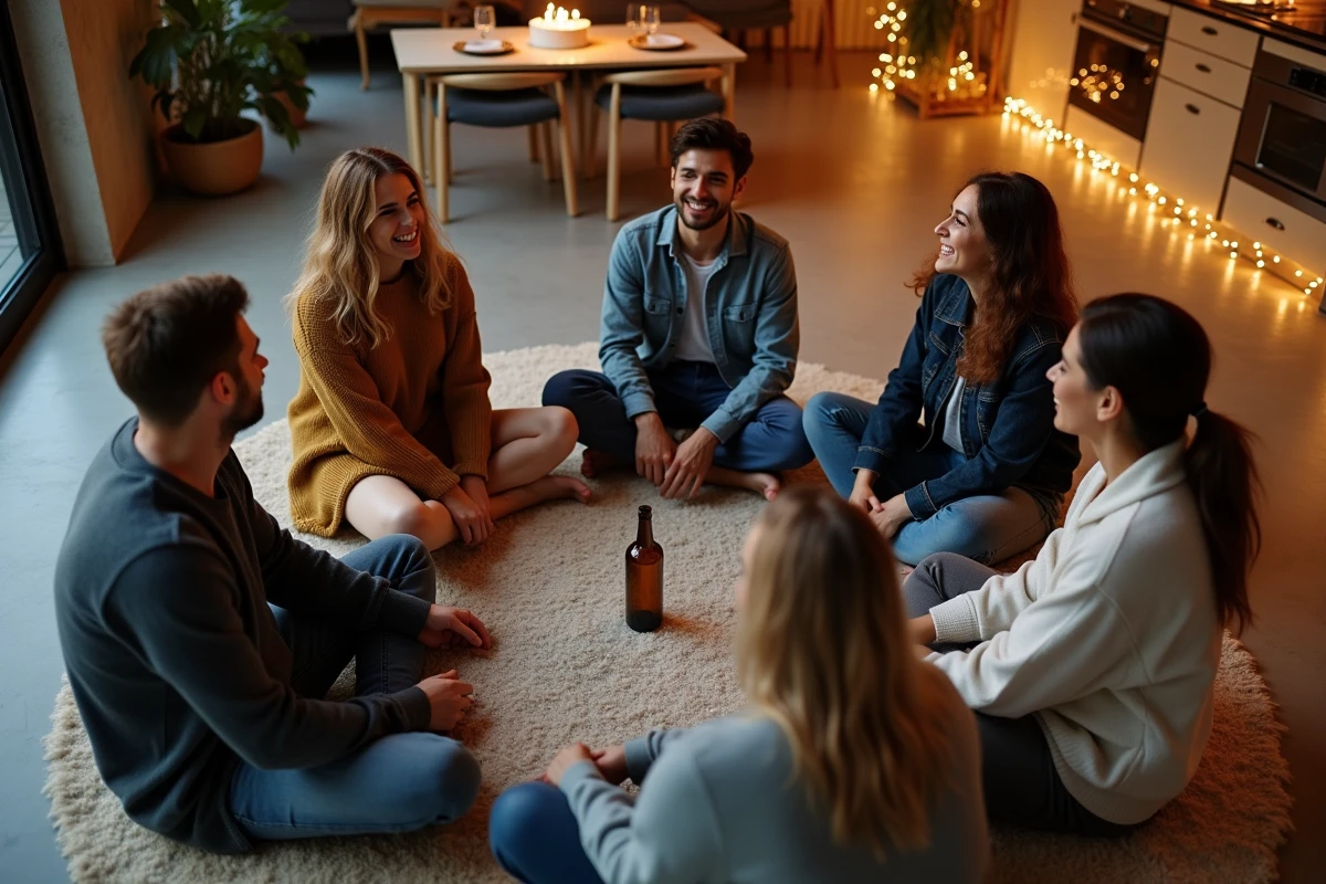 Adultes assis en cercle jouant à un jeu de gage avec une bouteille lors d'un anniversaire convivial
