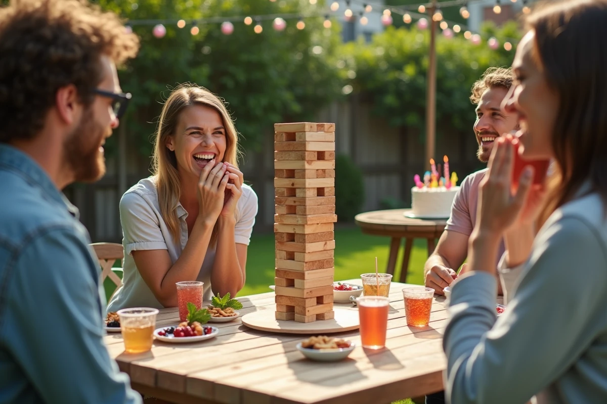 Adultes jouant au Jenga géant en plein air lors d'une fête d'anniversaire dans un jardin