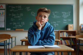 Adolescent pensif assis en classe avec tableau et livres
