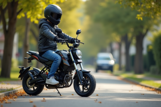 Jeune garçon de 14 ans sur une moto 50cc dans un quartier résidentiel