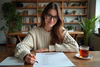 Jeune femme lisant les commandements du parrain dans une cuisine chaleureuse