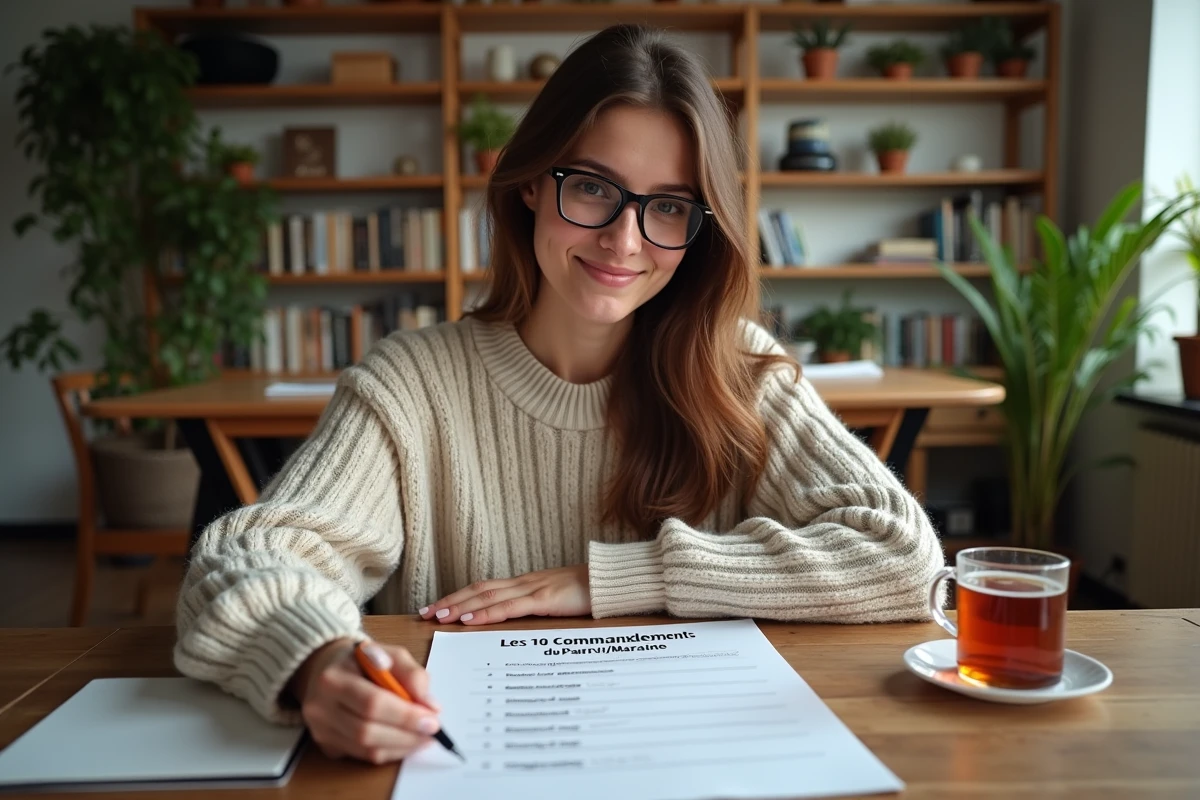 Jeune femme lisant les commandements du parrain dans une cuisine chaleureuse