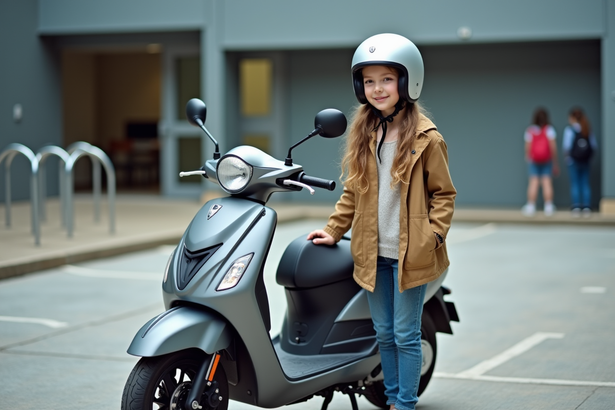 Jeune fille avec casque et moto 50cc devant une école
