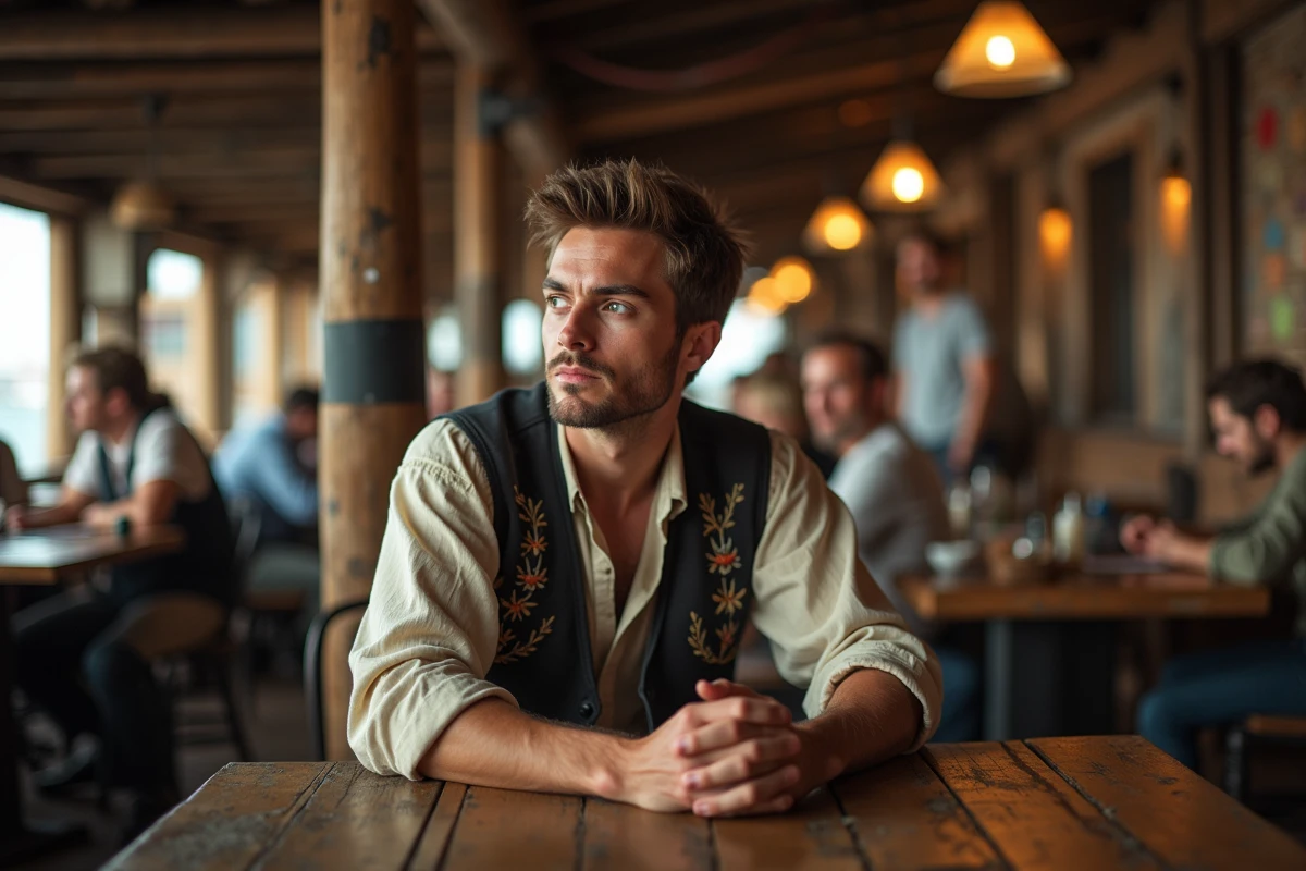 Jeune homme dans une taverne portuaire authentique