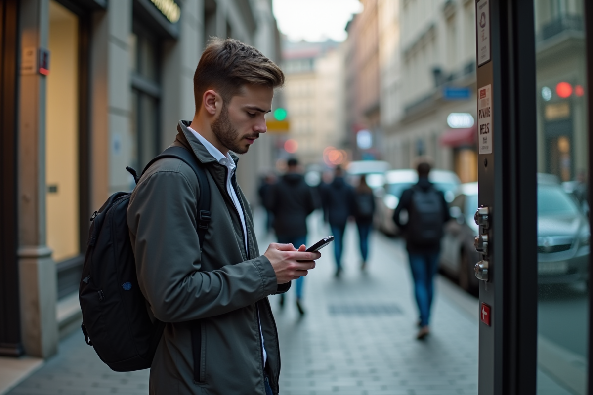 Jeune homme appelant dans une cabine de rue urbaine