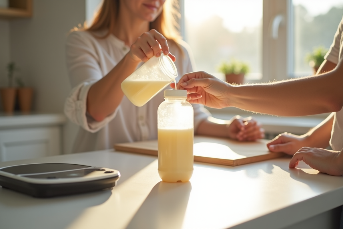 Parent versant lait en poudre dans un biberon dans la cuisine