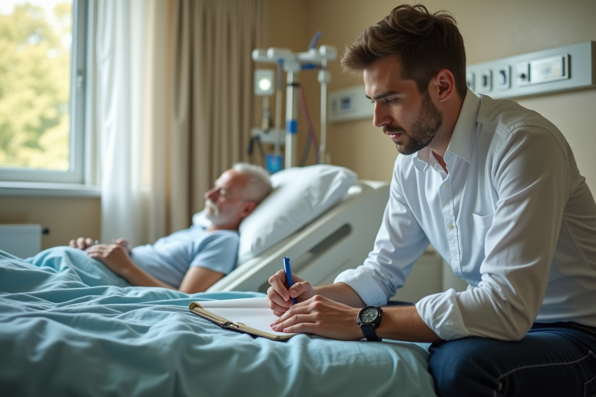 Jeune homme remplissant un journal de soins auprès d