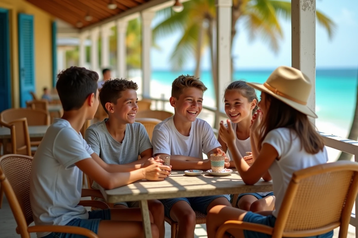 Jeunes amis riant dans un café en bord de mer à Réunion