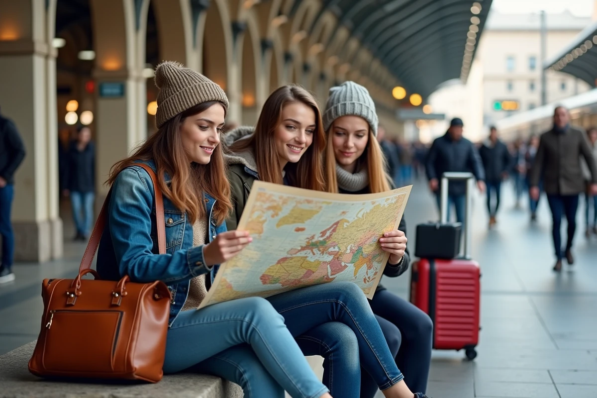 Jeunes adultes consultent carte de voyage à la gare