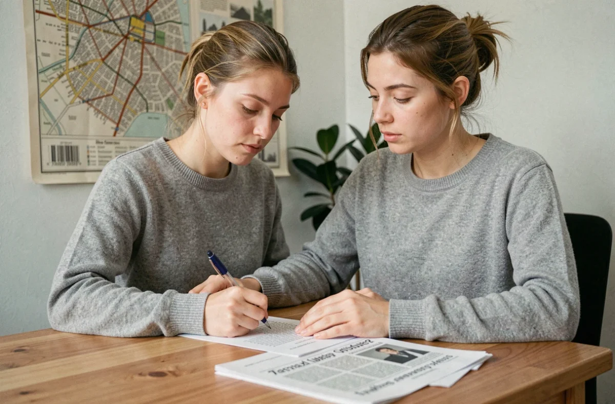 Jeune journaliste travaillant dans un bureau à domicile, entourée de notes et d'articles de presse, évoquant un parcours médiatique construit avec rigueur