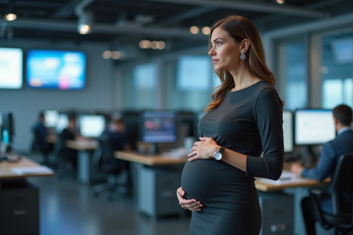 Femme journaliste enceinte dans une salle de rédaction télévisée avec des collègues en arrière-plan flou