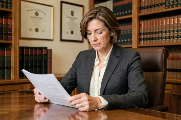 Femme journaliste professionnelle consultant des documents juridiques dans un bureau, illustrant les décisions de justice sur la vie privée