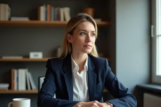 Femme journaliste professionnelle assise à un bureau en bois dans un bureau moderne, regardant pensivement hors caméra, illustrant la vie privée et le parcours d'une personnalité médiatique