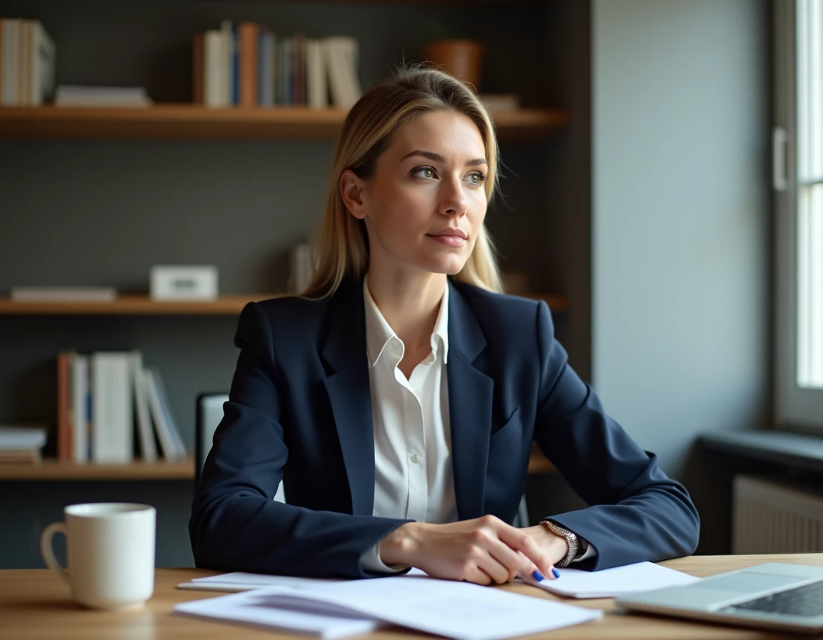 Femme journaliste professionnelle assise à un bureau en bois dans un bureau moderne, regardant pensivement hors caméra, illustrant la vie privée et le parcours d'une personnalité médiatique