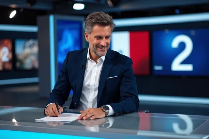 Présentateur français en studio de news professionnel