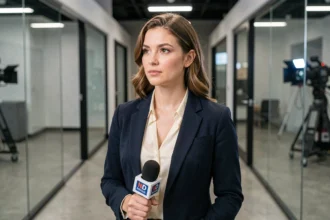 Journaliste femme en blazer marine dans un couloir de studio de télévision, portrait professionnel illustrant un parcours médiatique