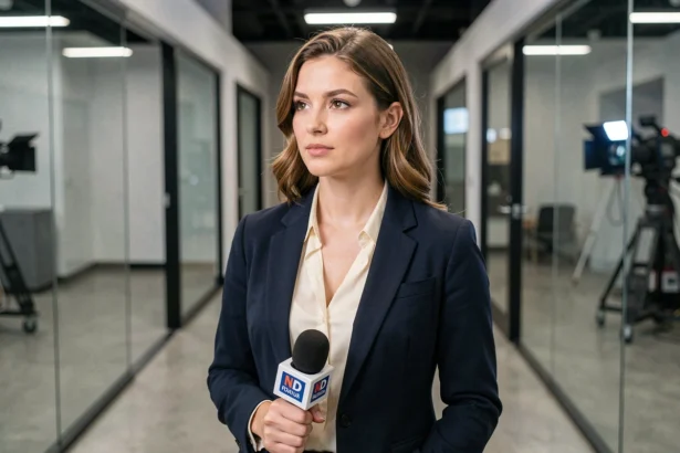 Journaliste femme en blazer marine dans un couloir de studio de télévision, portrait professionnel illustrant un parcours médiatique