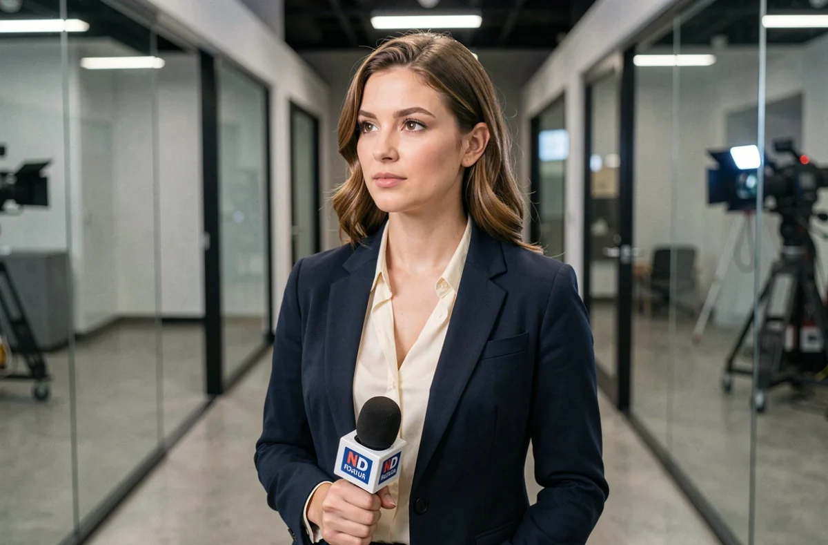 Journaliste femme en blazer marine dans un couloir de studio de télévision, portrait professionnel illustrant un parcours médiatique