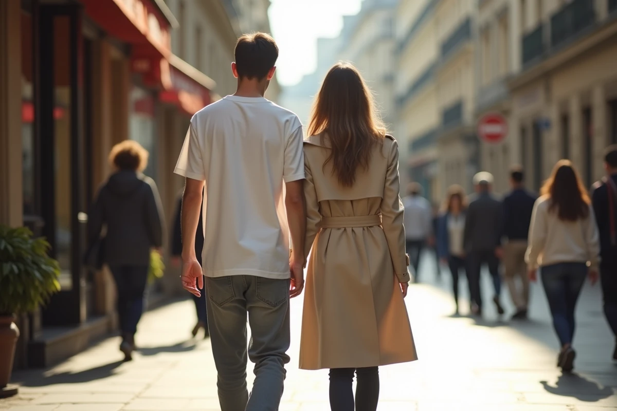 Couple anonyme marchant dans une rue parisienne, évoquant la discrétion autour de la vie sentimentale de Jul