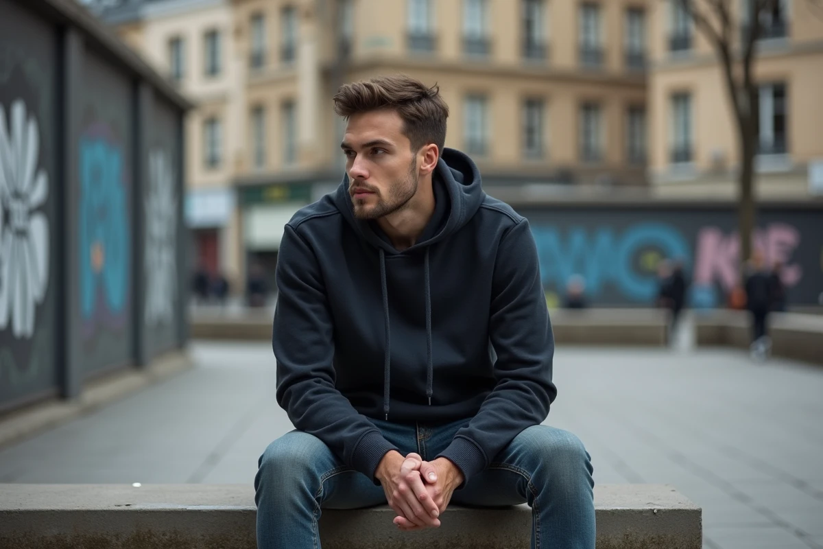 Jeune homme en tenue décontractée assis dans un contexte urbain parisien, illustrant la vie personnelle et sentimentale du rappeur Jul