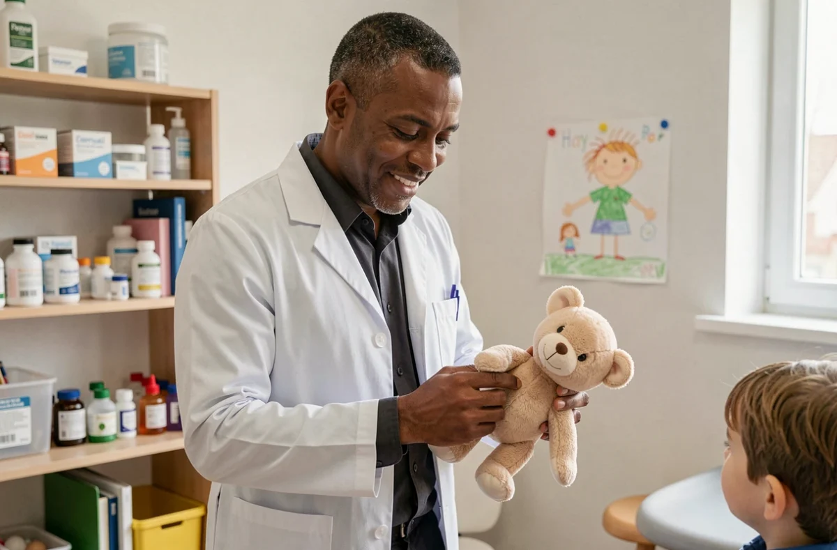 Pédiatre masculin en blouse blanche dans son cabinet à Argenteuil, tenant une peluche pour rassurer un jeune patient