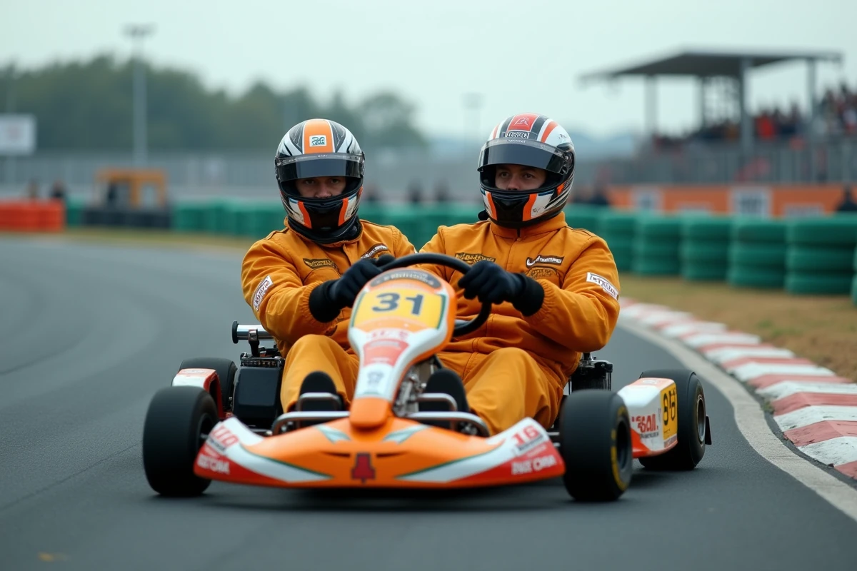 Deux adultes en kart de compétition sur circuit lors d'une activité anniversaire sensations fortes